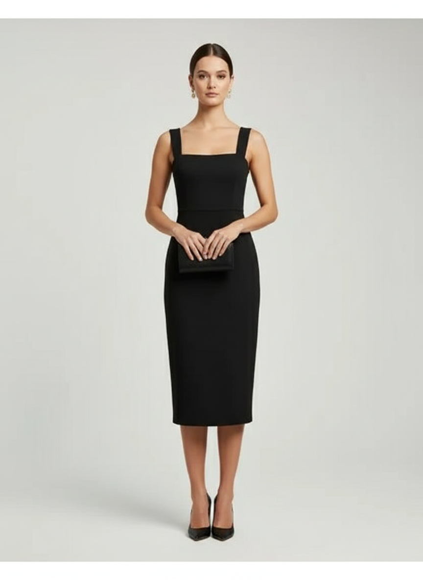 Siyah Kare Yaka Kalem Midi Elbise - Zamansız Zarafet ve Ofis Şıklığı