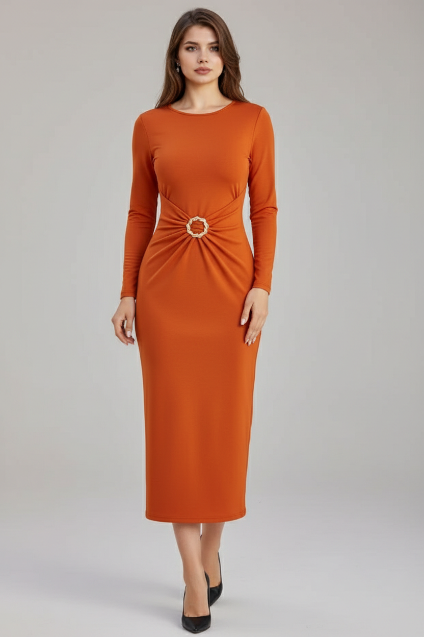 Lüks Orange Uzun Kollu Midi Elbise
