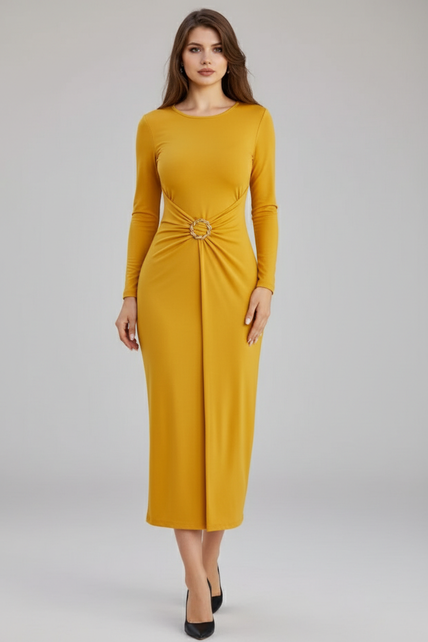 Sarı Altın Tokalı Uzun Kollu Elbise