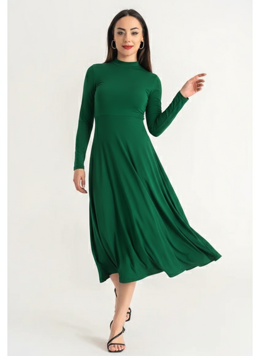 Elegant Uzun Kollu Yeşil Midi Elbise